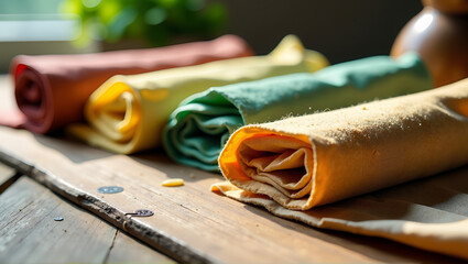 Reusable beeswax wraps on rustic wooden table
