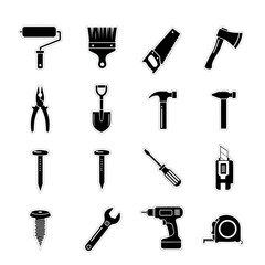 Set of black tool icons including hammer, wrench, drill, saw, pliers, and screwdriver. Perfect for construction, DIY, mechanic, and engineering design projects. Vector silhouette collection.
