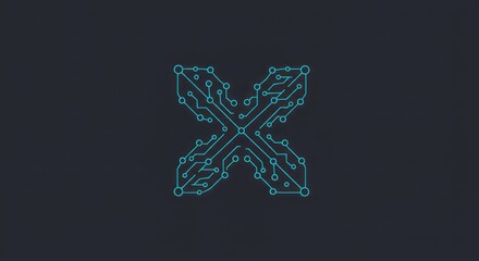 Abstract logo design featuring a stylized letter X with circuit board pattern. Teal lines and dots create a futuristic, technological look on a dark background.