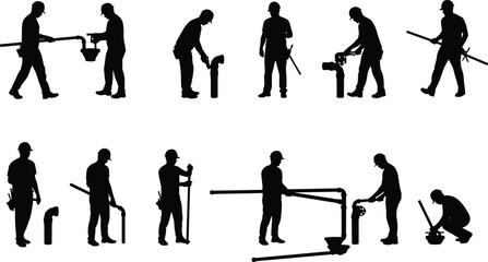 Plumbing, Construction, Silhouette, Workers, Pipes, Fittings, Wrench, Tools, Repair, Installation, Alignment, 