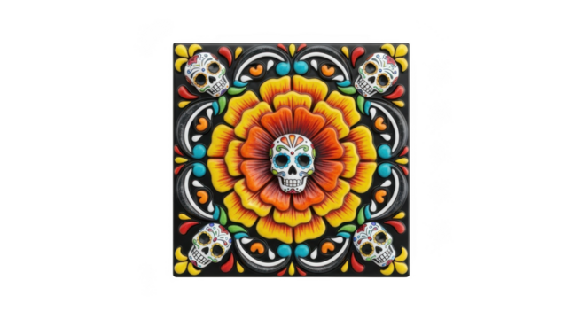Colorful day of the dead skull and flower tile art isolated on transparent background