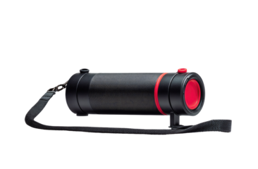 Portable black cylinder speaker with red accents and a strap