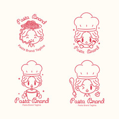 Playful pasta logo set featuring a cute chef character preparing and enjoying spaghetti. Red monoline illustration for Italian restaurant branding and pasta identity.