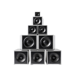 Fototapeta premium Stacked audio speakers forming a pyramid. Various sizes, light gray/white cabinets, black speaker cones visible. Perfect geometric arrangement