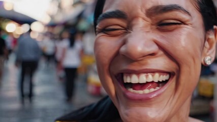 Close-up of Latin American woman laughing sincerely in warm sunlight with blurred street market background and gentle camera sway for realism