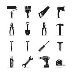 Set of black tool icons including hammer, wrench, drill, saw, pliers, and screwdriver. Perfect for construction, DIY, mechanic, and engineering design projects. Vector silhouette collection.