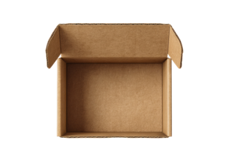 Open cardboard box, top view.  Empty inside, light brown color