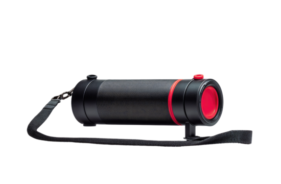 Portable black cylinder speaker with red accents and a strap