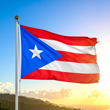 Puerto Rican flag waving in a bright, sunny sky