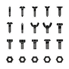 Set of black screw, bolt, and nut icons. Perfect for engineering, construction, mechanical, and industrial design projects. Vector illustration for technical tools and hardware themes.