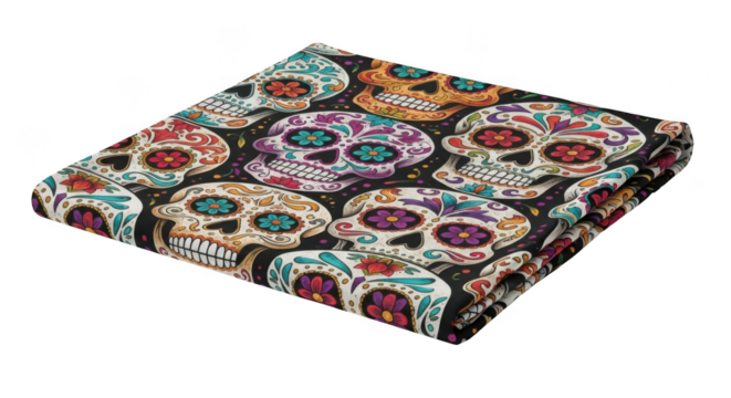 Colorful sugar skull pattern on black background, day of the dead theme isolated on transparent background