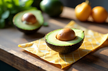 Avocado half wrapped in reusable beeswax food wrap on wooden table