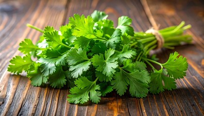 Fresh cilantro bunch on wooden surface