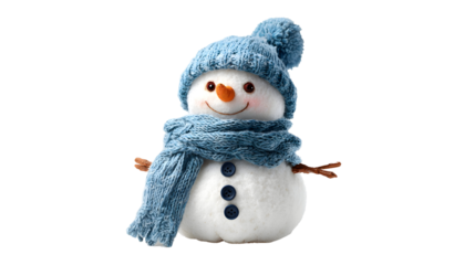 Cheerful snowman with carrot nose and blue knit scarf for winter holiday design