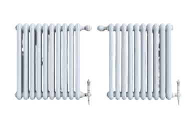 Two vintage-style radiators, light gray,  vertical, symmetrical, with ornate details