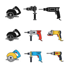 A set of black and white tool, cutter, and drill icons. Vector icon set. Isolated on a white background.
