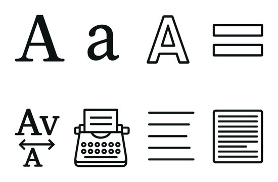 Typography symbols: uppercase, lowercase, font size, alignment, text formatting icons