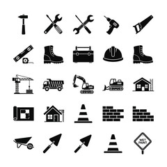 A collection of black and white construction, tools, and heavy equipment icons. Vector icon set. Isolated on a white background.