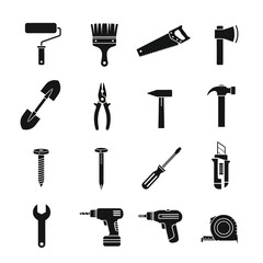 Set of black tool icons including hammer, wrench, drill, saw, pliers, and screwdriver. Perfect for construction, DIY, mechanic, and engineering design projects. Vector silhouette collection.