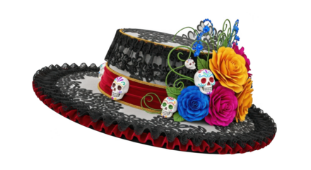 Ornate day of the dead hat with skulls and flowers isolated on transparent background
