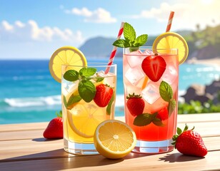 Two refreshing drinks, adorned with strawberries and mint, sit on a wooden deck overlooking a sunny beach