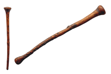 Rustic wooden wand with natural texture for magical crafts and fantasy role playing games and cosplay props on transparent background