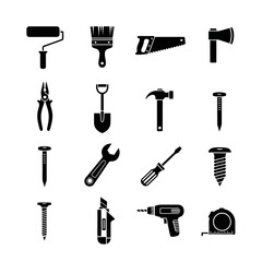 Set of black tool icons including hammer, wrench, drill, saw, pliers, and screwdriver. Perfect for construction, DIY, mechanic, and engineering design projects. Vector silhouette collection.