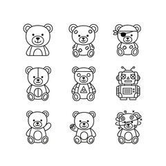 Cute teddy bear and robot toy line icons set. Perfect for kids’ design, coloring pages, nursery prints, stickers, and cartoon illustration projects. Vector outline style for fun artwork.