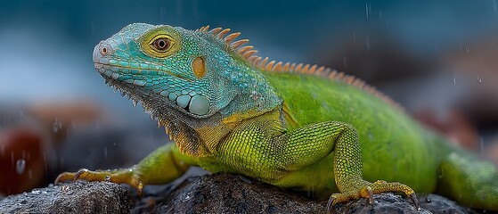 Obraz premium A green lizard with yellow spots on its back