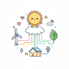 Renewable Energy Concept: Smart Home Connected to Wind Turbine and Solar Power, Green Technology Vector.