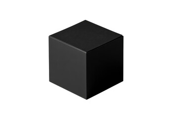 A solid, matte-black cube floats against a completely black background.  The cube's edges are sharp, and it appears smooth, without visible texture