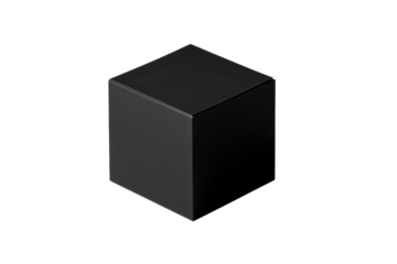 A solid, matte-black cube floats against a completely black background.  The cube's edges are sharp, and it appears smooth, without visible texture