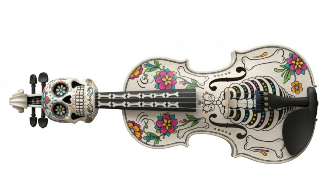 Day of the dead violin with skull and floral design, isolated on transparent background