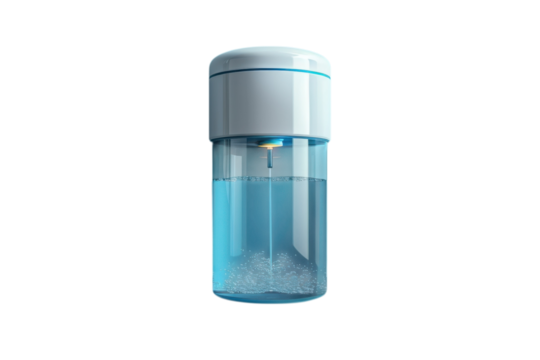 Water bottle with hydrogen generator producing bubbles in blue liquid for health and wellness benefits on transparent background