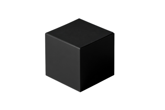 A solid, matte-black cube floats against a completely black background.  The cube's edges are sharp, and it appears smooth, without visible texture