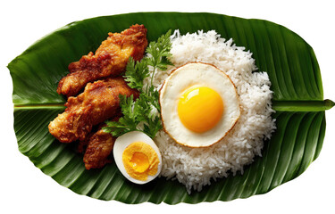 A vibrant plate of rice, fried fish, and eggs, arranged artfully on a large banana leaf