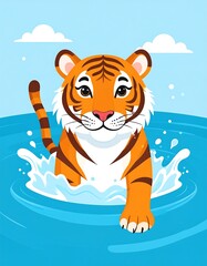 Cute tiger cub emerging from water