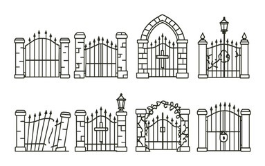Obraz premium Collection of ornate iron gates with stone pillars and decorative elements