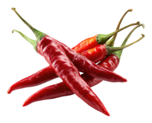 Close-up of several red chili peppers.  Fresh, vibrant red peppers with green stems, arranged in a slightly overlapping, crossed position.  Sharp, pointed ends.  High-quality, professional studio shot