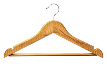 Elegant wooden clothes hanger with a metal hook for fashion and retail use on transparent background