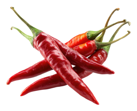 Close-up of several red chili peppers.  Fresh, vibrant red peppers with green stems, arranged in a slightly overlapping, crossed position.  Sharp, pointed ends.  High-quality, professional studio shot