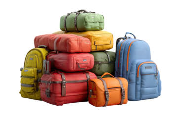 A colorful stack of various travel bags and backpacks.  Different sizes and shapes of luggage, including duffels, backpacks, and smaller bags, are piled high.  