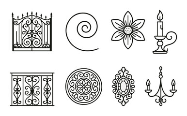 Ornamental design elements collection featuring flowers, candles, patterns, and wrought iron art