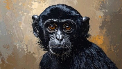 Close-up portrait of a small, black monkey.  Its large, expressive eyes stare directly at the viewer.  Abstract, textured background