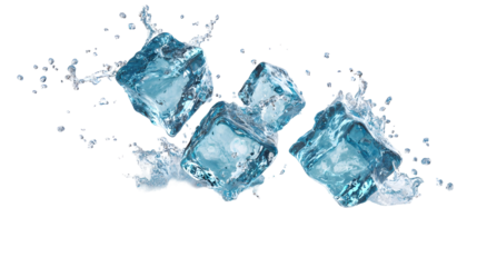 Falling ice cubes with splashes of crystal clear water