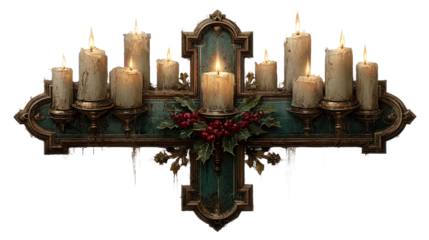 Rustic Candle Holder with Multiple Candles and Holly Decoration