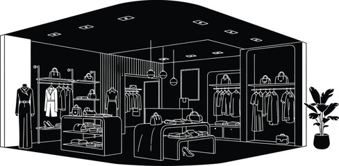 Vector art of a black and white illustration of a modern clothing boutique interior, showcasing racks of apparel, display tables, and a mannequin