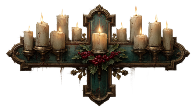 Rustic Candle Holder with Multiple Candles and Holly Decoration