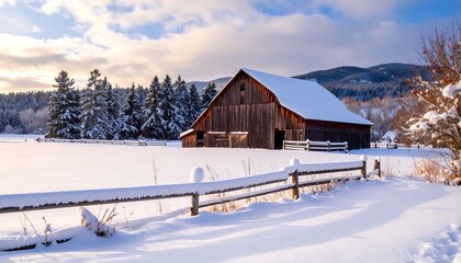 A rustic wooden barn, nestled in a snowy landscape, bathed in golden sunlight
