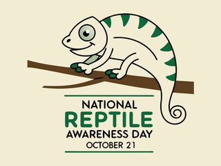 National Reptile Awareness Day illustration featuring a cartoon chameleon perched on a branch celebrated on October twenty first